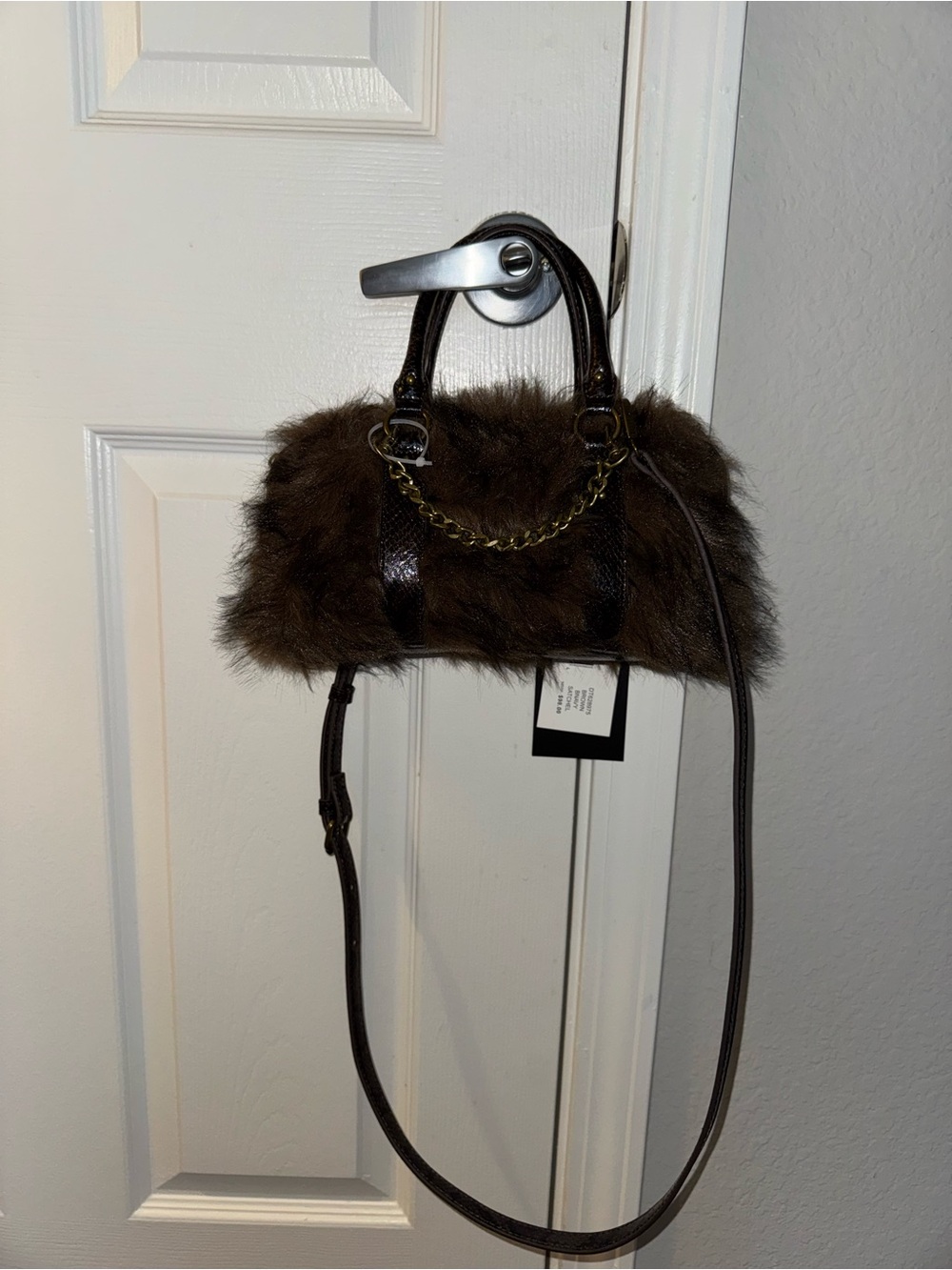 Steve Madden Chocolate Brown Faux Fur Snake Print Trim Handle Handbag New w Tags